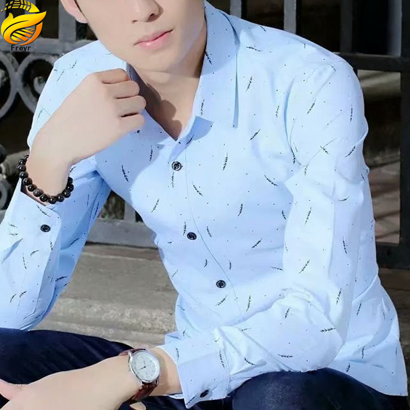 Men’s Clothes Shirts Slim Long Sleeve Shirts business shirt Boys Feather Printed Classic square collar simple shirts Students Clothes