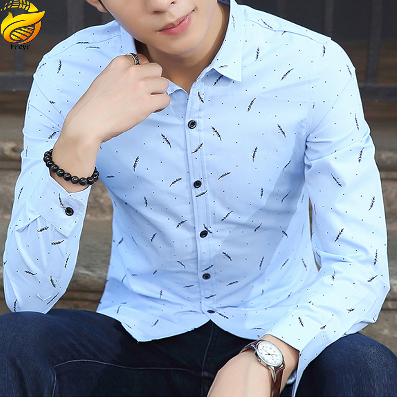 Men’s Clothes Shirts Slim Long Sleeve Shirts business shirt Boys Feather Printed Classic square collar simple shirts Students Clothes