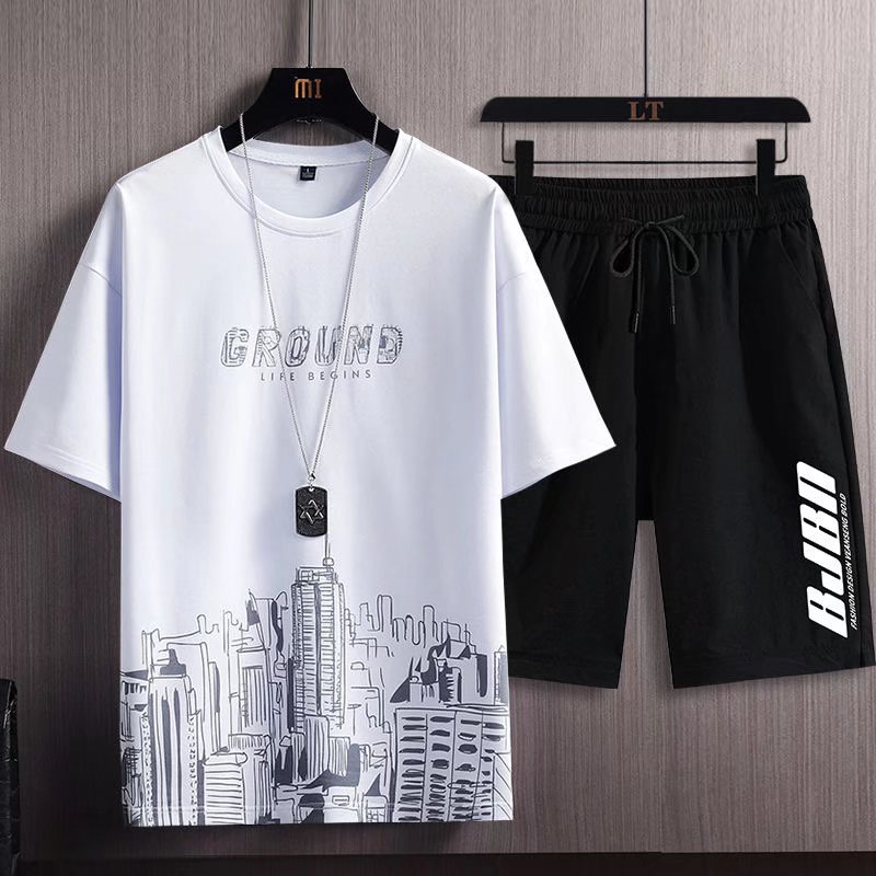 Two-piece men's clothes short sleeve T-shirt + shorts set （no chain ） round neck breathable suits boys casual T shirt running fashion printed sport suit  White+Black White + black,XL,Polyester