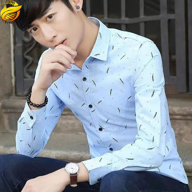 Men’s Clothes Shirts Slim Long Sleeve Shirts business shirt Boys Feather Printed Classic square collar simple shirts Students Clothes