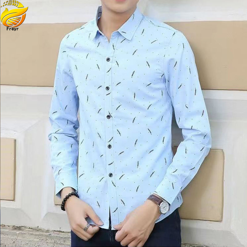 Men’s Clothes Shirts Slim Long Sleeve Shirts business shirt Boys Feather Printed Classic square collar simple shirts Students Clothes
