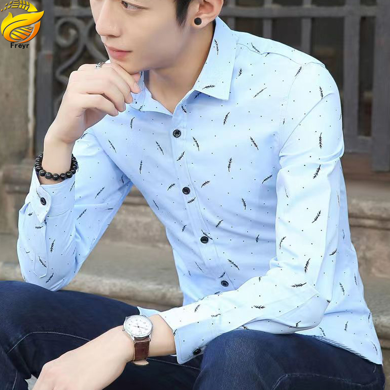 Men’s Clothes Shirts Slim Long Sleeve Shirts business shirt Boys Feather Printed Classic square collar simple shirts Students Clothes