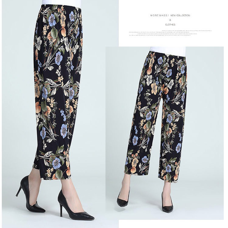 2Pcs Women's baggy plus-size floral pants Elastic waist straight-leg pants Ladies casual Pants Girls nine-point pants Light breathable home pants Mommy pants