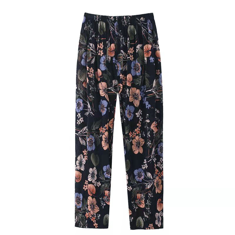 2Pcs Women's baggy plus-size floral pants Elastic waist straight-leg pants Ladies casual Pants Girls nine-point pants Light breathable home pants Mommy pants