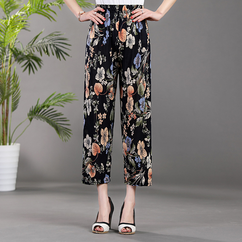2Pcs Women's baggy plus-size floral pants Elastic waist straight-leg pants Ladies casual Pants Girls nine-point pants Light breathable home pants Mommy pants