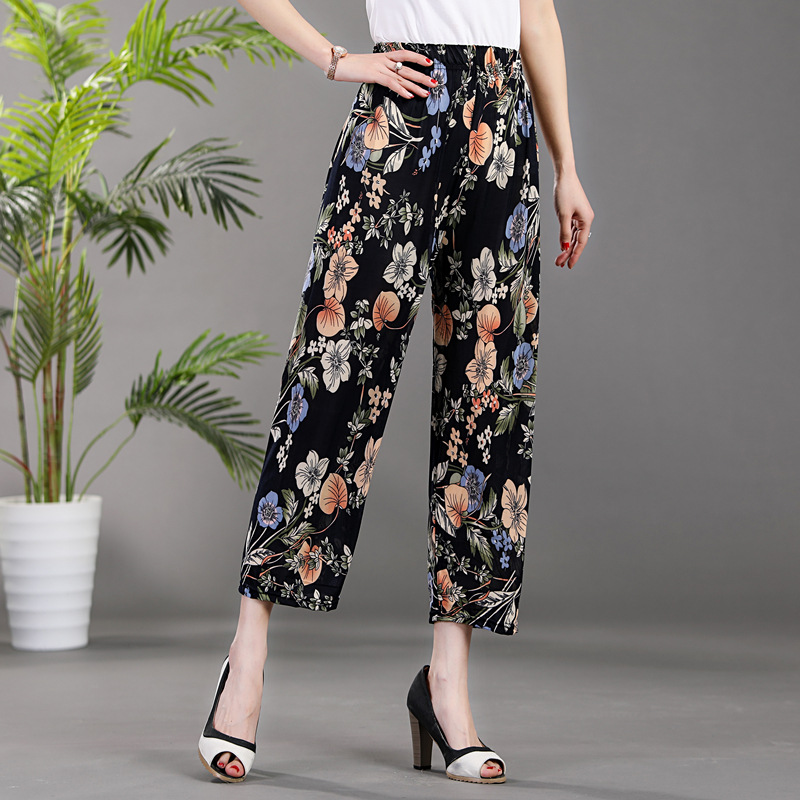 2Pcs Women's baggy plus-size floral pants Elastic waist straight-leg pants Ladies casual Pants Girls nine-point pants Light breathable home pants Mommy pants