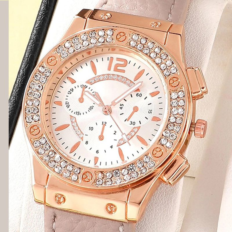 ladies rhinestones fashion watch +bracelet suit (No box) PU strap simple watch girls elegant decorative watch Women's fashion accessories Quartz watch Holiday gift