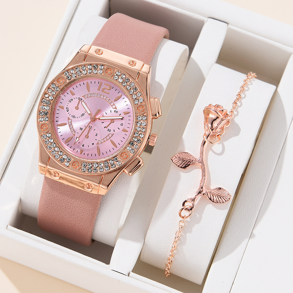 ladies rhinestones fashion watch +bracelet suit (No box) PU strap simple watch girls elegant decorative watch Women's fashion accessories Quartz watch Holiday gift Pink