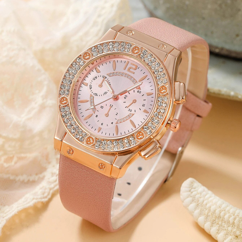 ladies rhinestones fashion watch +bracelet suit (No box) PU strap simple watch girls elegant decorative watch Women's fashion accessories Quartz watch Holiday gift