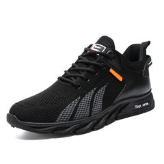 New breathable men's shoes lace-up fly-knit sports shoes Boys casual Sneakers Walking shoes comfortable soft soled non-slip mesh shoes students running shoes Black EU41