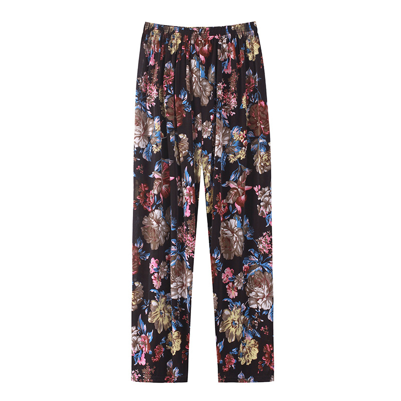 2Pcs Women's baggy plus-size floral pants Elastic waist straight-leg pants Ladies casual Pants Girls nine-point pants Light breathable home pants Mommy pants