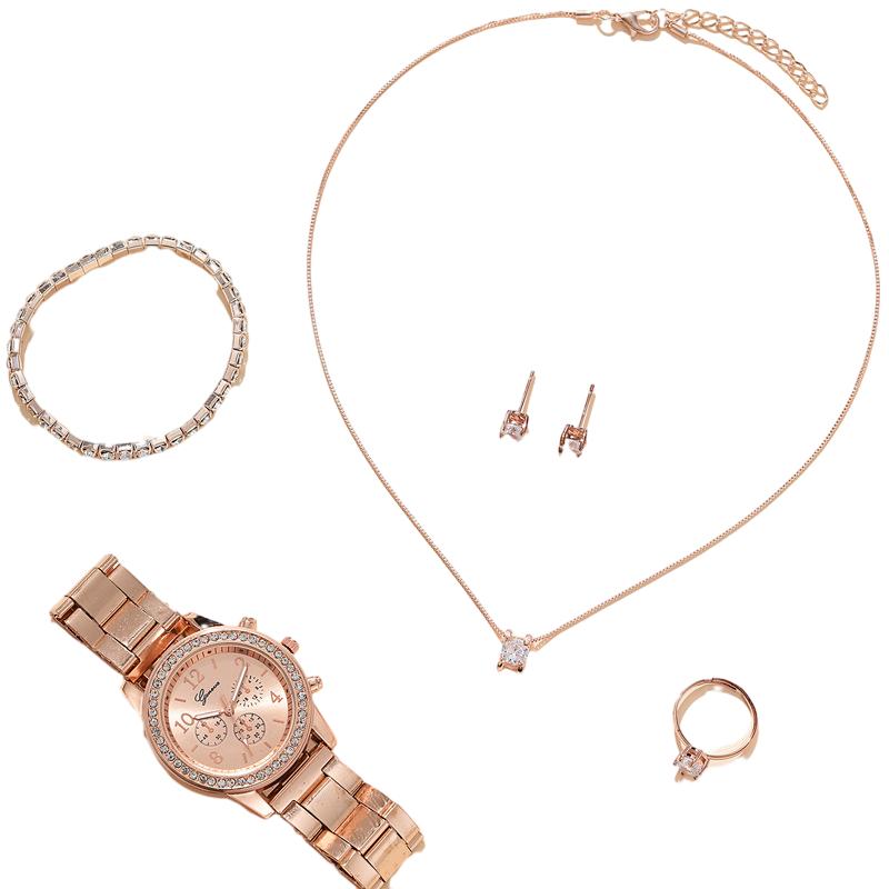 Women's watch jewelry 6Pcs set（1PC watch+5PC jewelry No box）Rose gold quartz watch + Bracelet necklace ring earrings stylish rhinestone watch accessories girls best birthday gift