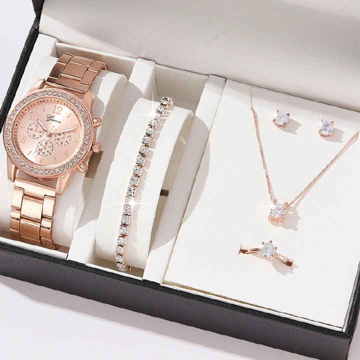 Women's watch jewelry 6Pcs set（1PC watch+5PC jewelry No box）Rose gold quartz watch + Bracelet necklace ring earrings stylish rhinestone watch accessories girls best birthday gift