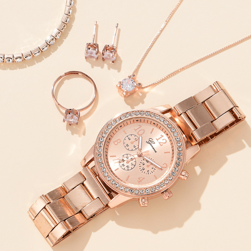 Women's watch jewelry 6Pcs set（1PC watch+5PC jewelry No box）Rose gold quartz watch + Bracelet necklace ring earrings stylish rhinestone watch accessories girls best birthday gift