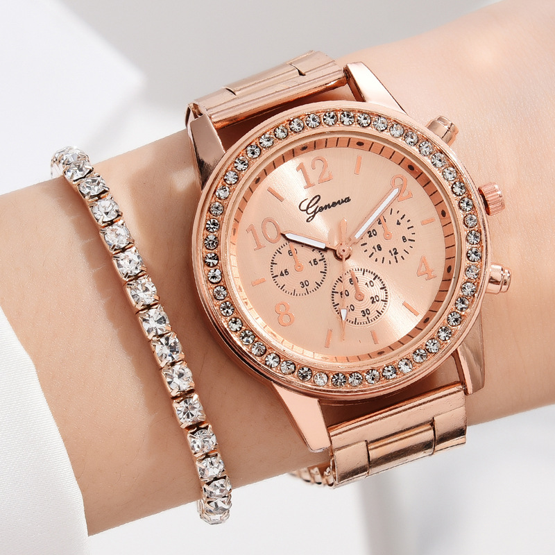 Women's watch jewelry 6Pcs set（1PC watch+5PC jewelry No box）Rose gold quartz watch + Bracelet necklace ring earrings stylish rhinestone watch accessories girls best birthday gift