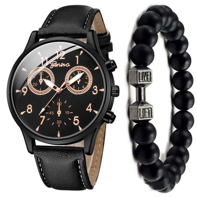 New arrivals 2 pieces Men's Watch and bracelet(no box) boys Fashion All-In-one Watch Quartz Business Watches Sets men's fashion accessories quartz black watch Black,Diameter 37mm