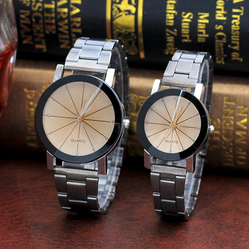 Men And Women Ray Steel Band Lovers Watch Alloy watch Tan glass Fireworks Quartz Watch white dial couple(1 male and 1 female) 2