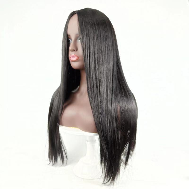 FBK Ladie Long Straight Hair Synthetic Middle Part Black Wigs For Women Gift