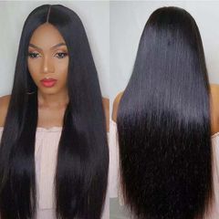 FBK Ladie Long Straight Hair Synthetic Middle Part Black Wigs For Women Gift black as picture