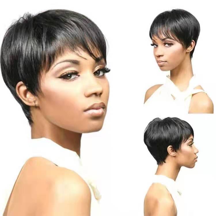 FBK Female Black Short Pixie Cut Straight Curly Hair Synthetic Wigs For Women Gift