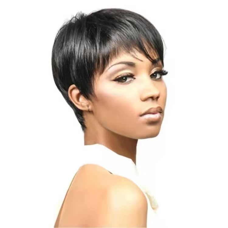 FBK Female Black Short Pixie Cut Straight Curly Hair Synthetic Wigs For Women Gift