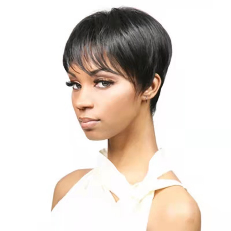 FBK Female Black Short Pixie Cut Straight Curly Hair Synthetic Wigs For Women Gift