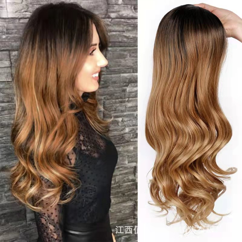 FBK Women long wave wig long curly hair black brown gradient synthetic hair for lady gift
