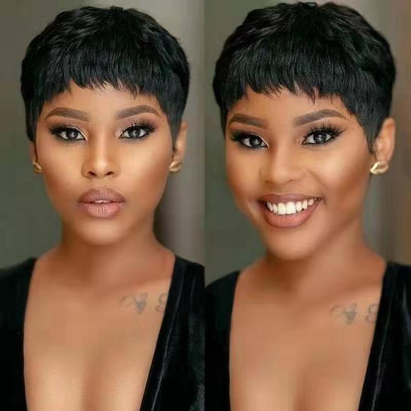 FBK Female Black Short Pixie Cut Straight Curly Hair Synthetic Wigs For Women Gift