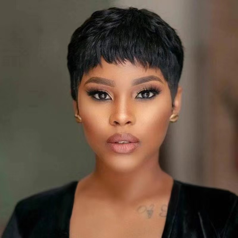 FBK Female Black Short Pixie Cut Straight Curly Hair Synthetic Wigs For Women Gift