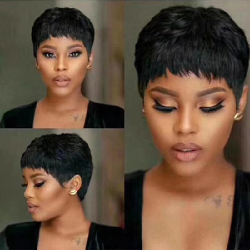 FBK Female Black Short Pixie Cut Straight Curly Hair Synthetic Wigs For Women Gift