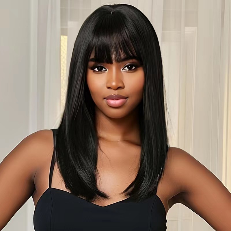 Long straight synthetic bangs medium long hair black wigs for women Black 10 inchBlack,10 inch