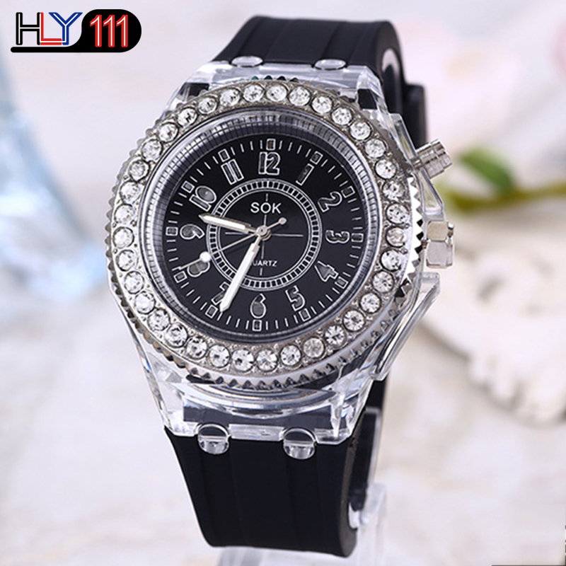 Men&apos;s Watches Silicone Luminous LED Watch Quartz Watches Luminous  Rhinestone Led Couple Watches
