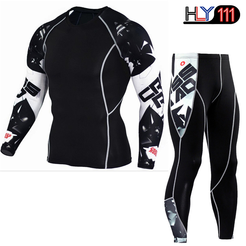 2Pcs/Set Men Running Sport Compression Tracksuit Sets Male Gym Fitness Training Sportswear Tees Tops Leggings Men's Fitness Clothing Suits Sports Tights Suit Round Neck Long Sleeve Pullover