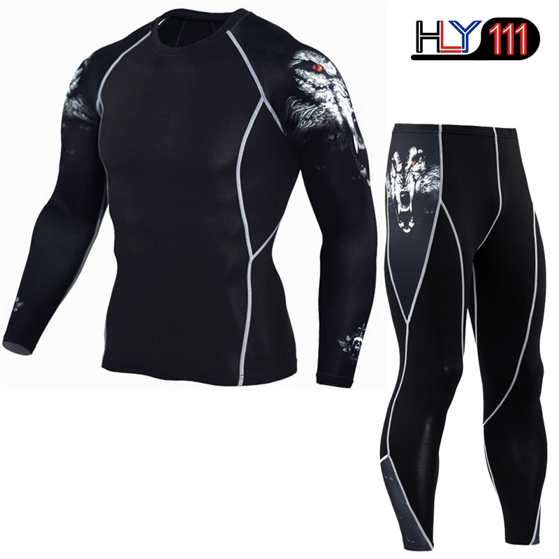 2Pcs/Set Men Running Sport Compression Tracksuit Sets Male Gym Fitness Training Sportswear Tees Tops Leggings Men's Fitness Clothing Suits Sports Tights Suit Round Neck Long Sleeve Pullover