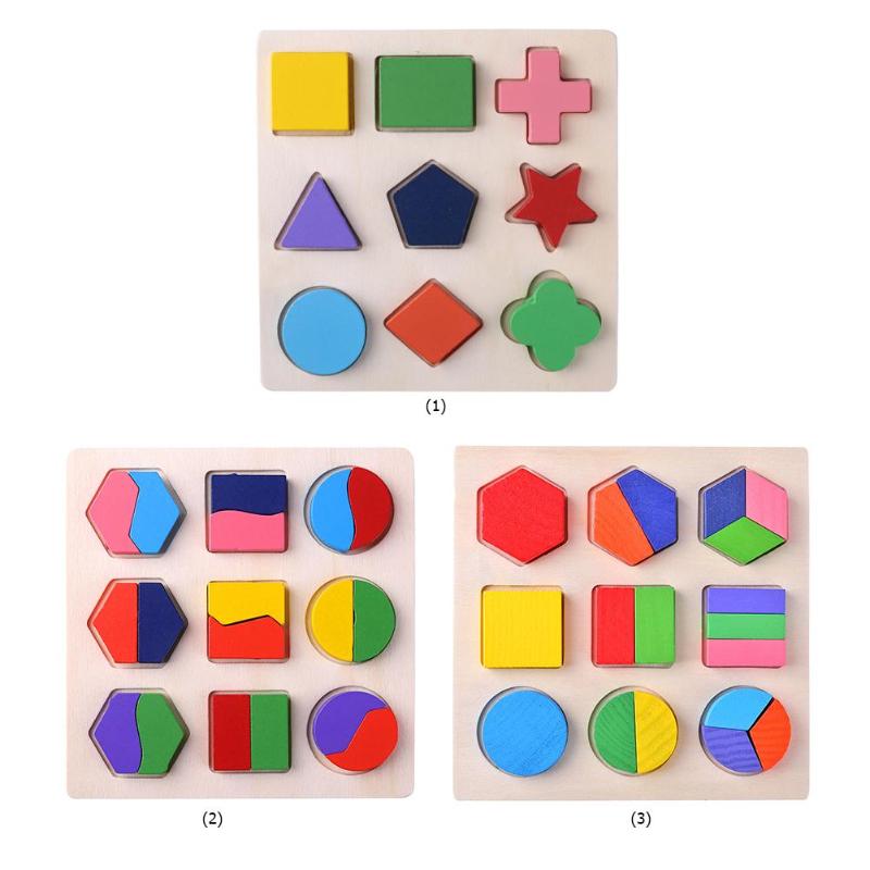 Wooden Geometric Shapes Puzzle Sorting Math Bricks Preschool Learning Educational Game Baby Toys