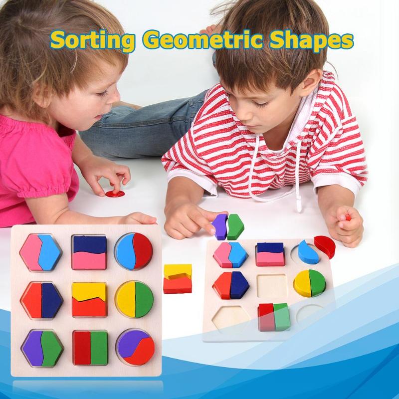 Wooden Geometric Shapes Puzzle Sorting Math Bricks Preschool Learning Educational Game Baby Toys