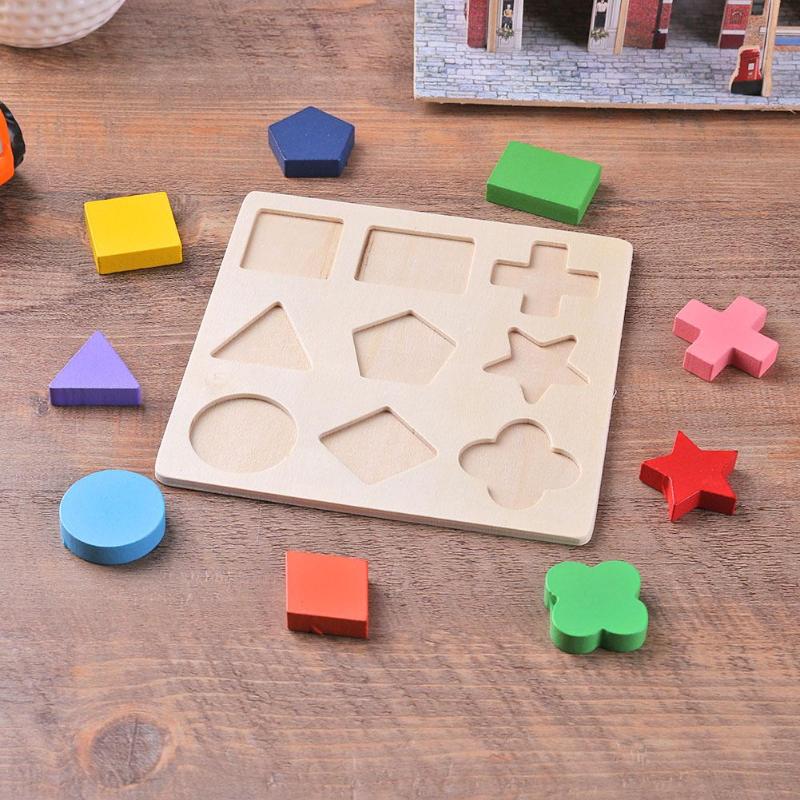 Wooden Geometric Shapes Puzzle Sorting Math Bricks Preschool Learning Educational Game Baby Toys