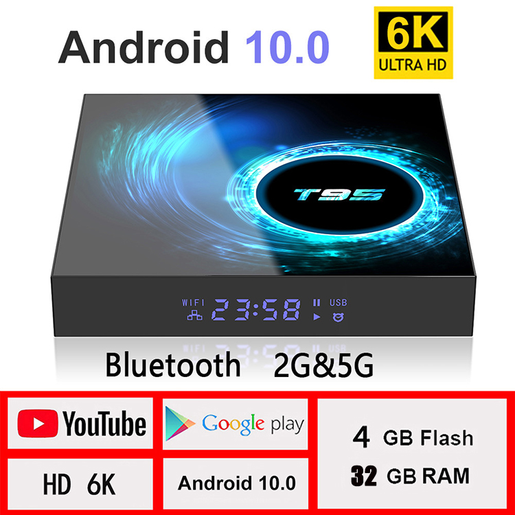 Smart TV Box T95 Max Android 10 6K HD 4GB+32GB 2.4G and 5G Large Support Multiple Media Player Video