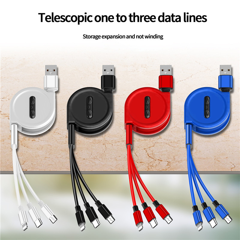 120cm 3 In 1 USB Charge Cable for iPhone Micro USB Type C Cable Retractable Portable Charging Cable