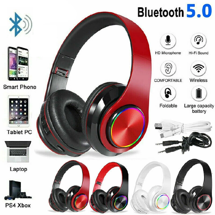 Wireless Headphones Colored LED Lights Stereo Headphone Gaming Over-Ear Headset With Mp3 Player Foldable Bluetooth Earphone Support TF Card PC Headsets