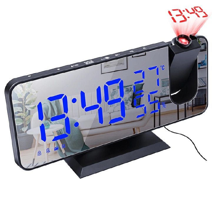 FM Radio LED Digital Smart Alarm Clock Watch Table Electronic Desktop Clocks USB Wake Up Clock with Rotated 180° Time Projector Snooze HD red projection.Home Temperature Humidity display