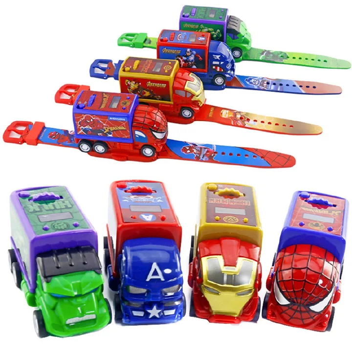 3D Projection Cartoon Pattern Children Watches Kids Spiderman Iron Disney Avengers Electronic Watch Projection Spiderman Iron Man Hulk Captain America Pull Back Car Anime Figurines For Kids Gift