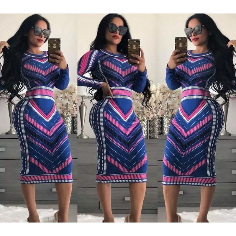 Women Long Sleeve geometric wavy Stripe Bodycon Slim Sheath Long Midi Pencil Dress