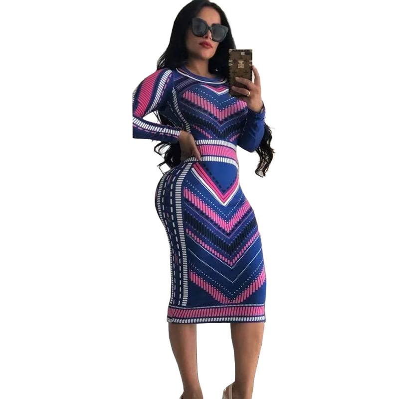 Women Long Sleeve geometric wavy Stripe Bodycon Slim Sheath Long Midi Pencil Dress