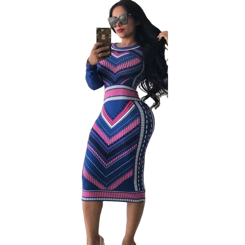 Women Long Sleeve geometric wavy Stripe Bodycon Slim Sheath Long Midi Pencil Dress