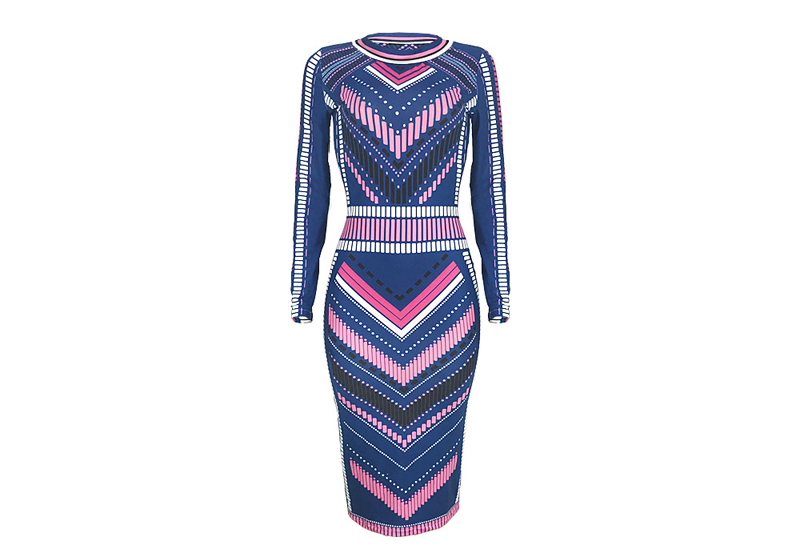 Women Long Sleeve geometric wavy Stripe Bodycon Slim Sheath Long Midi Pencil Dress