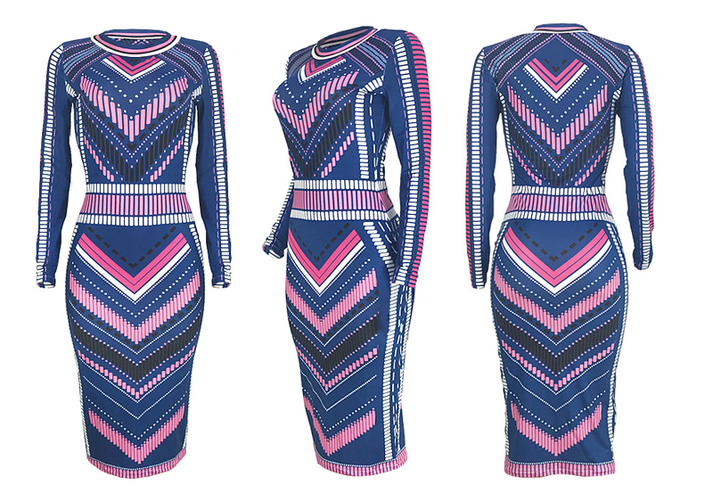 Women Long Sleeve geometric wavy Stripe Bodycon Slim Sheath Long Midi Pencil Dress
