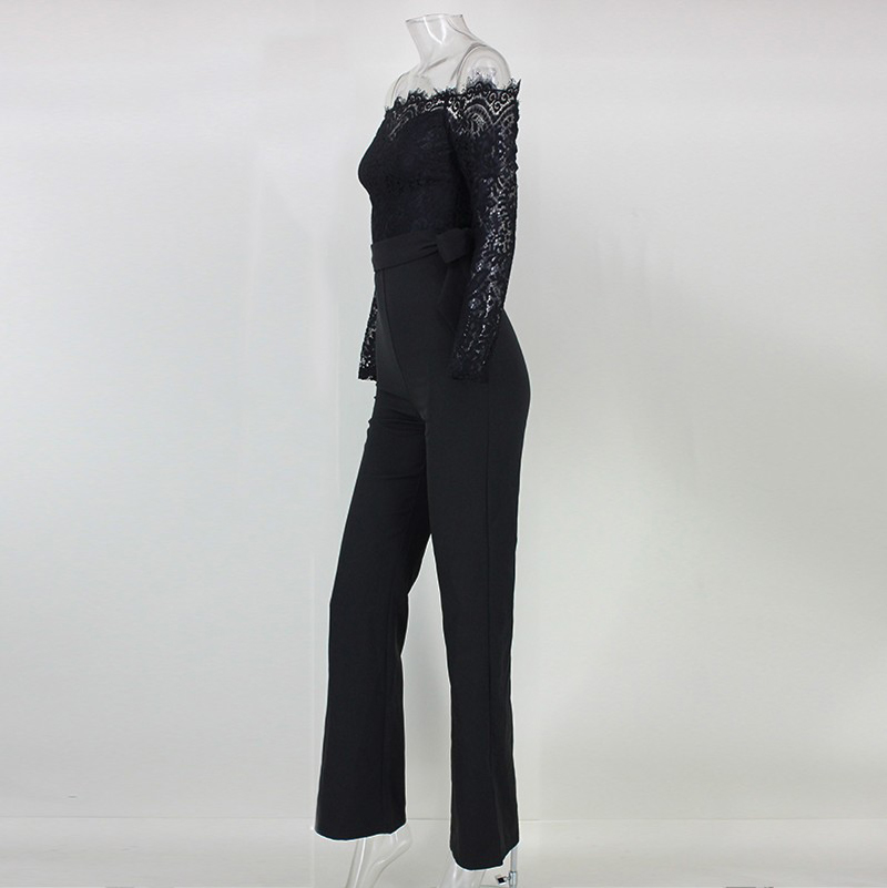 Women Sexy Off Shoulder Floral Lace Long Sleeve Bodycon Wide Leg Jumpsuits Rompers with Belt