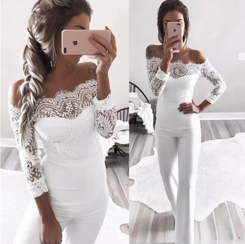 Women Sexy Off Shoulder Floral Lace Long Sleeve Bodycon Wide Leg Jumpsuits Rompers with Belt