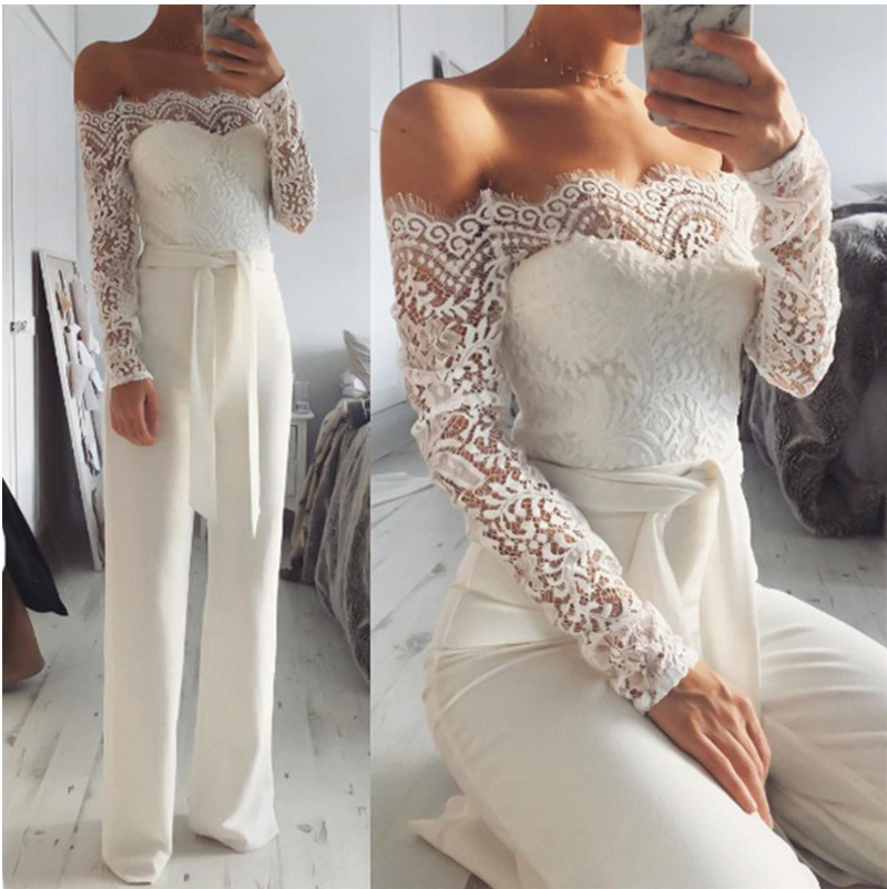 Women Sexy Off Shoulder Floral Lace Long Sleeve Bodycon Wide Leg Jumpsuits Rompers with Belt